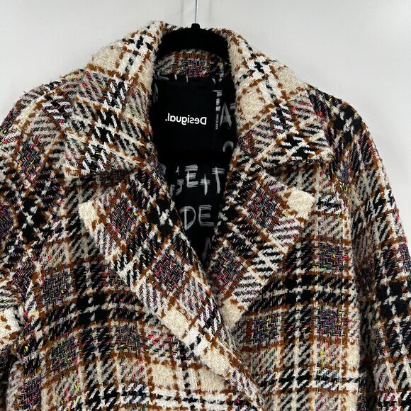 DESIGUAL Cream Black Neon Colorful Plaid Tweed Oversized Heavy Duke Coat Small - Picture 8 of 12